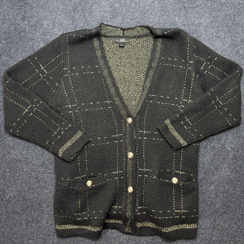 AGB Cardigan Sweater Womens Petite Large Black Plaid Metallic Button Pockets
